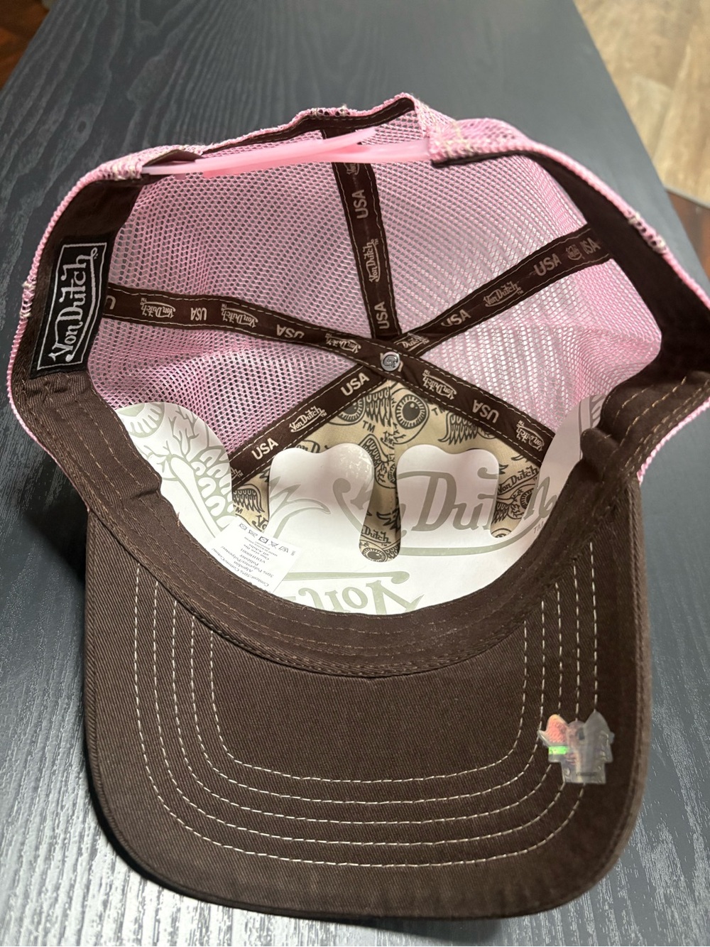 Von Dutch Brown and Pink Logo Trucker Cap - Picture 3 of 7